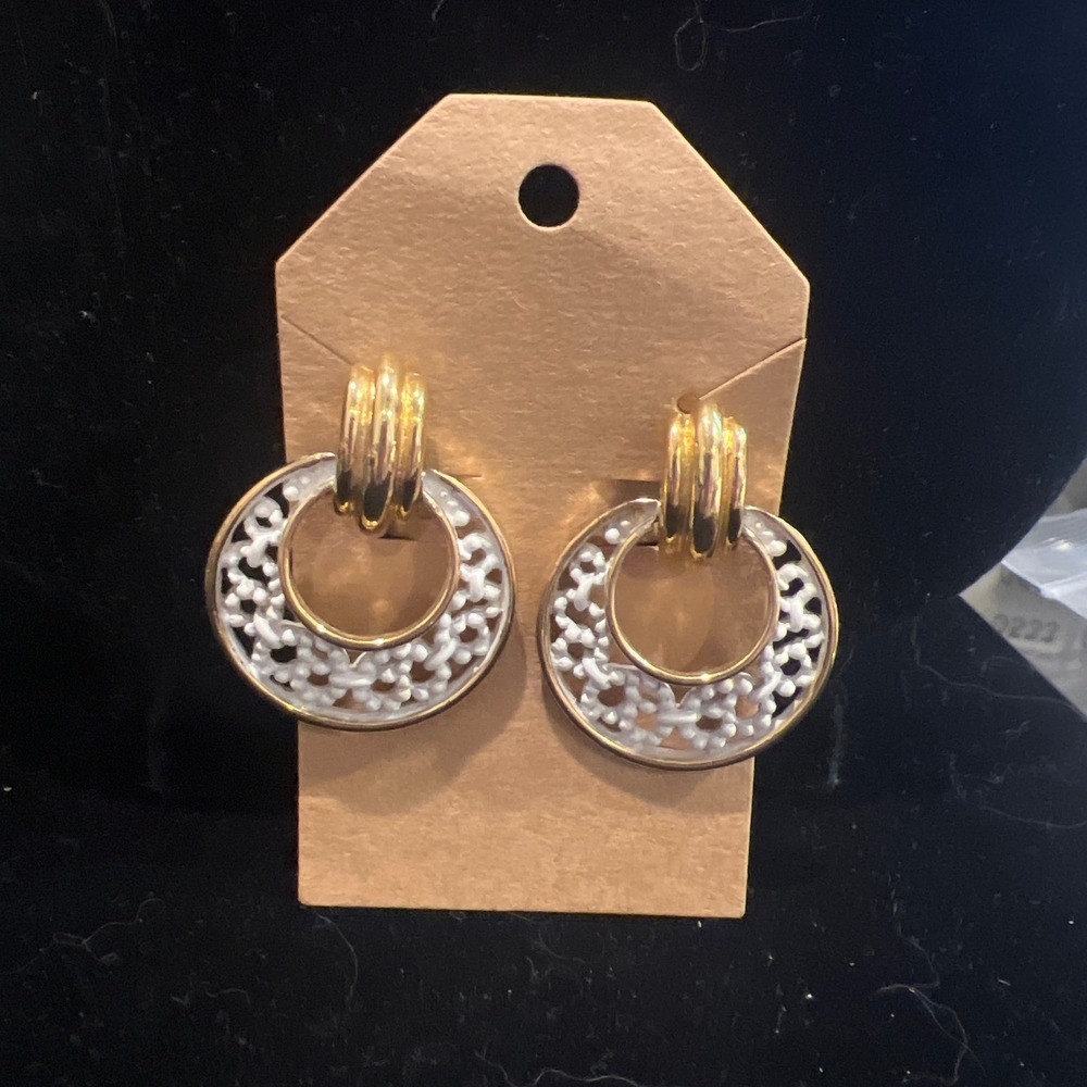Vtg Monet Gold Tone White Lattice Door Knocker Clip On Earrings 80s Retro Chic